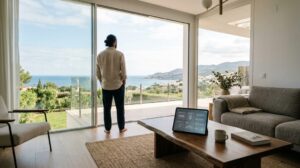 Interno di un moderno soggiorno di una casa vacanze con un tablet su un tavolo, che mostra un'interfaccia utente.
