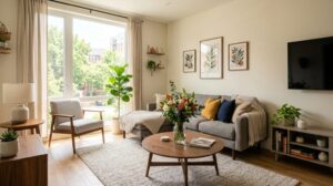Interno di un moderno soggiorno luminoso e accogliente con divano e piante, ideale per un soggiorno confortevole durante un periodo di cura.
