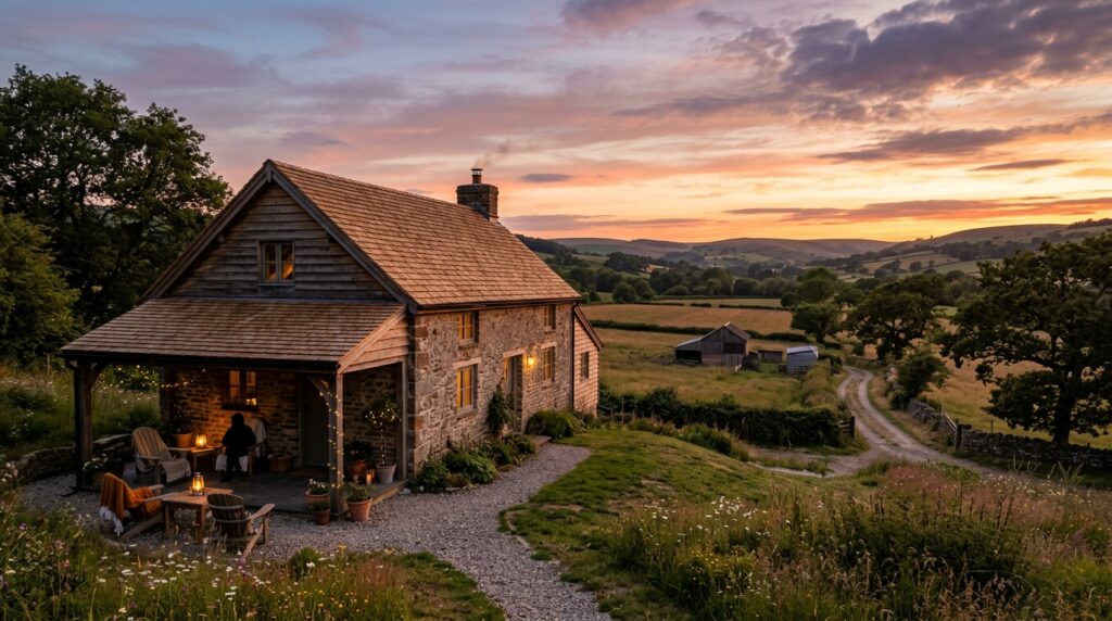 Una fattoria accogliente al tramonto con un'area relax esterna, che simboleggia l'ospitalità rurale offerta su Airbnb.