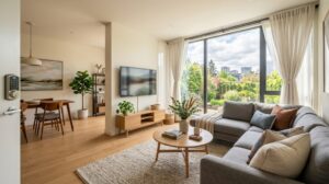 Interno di un soggiorno moderno e luminoso di una casa vacanze, simbolo di sicurezza e qualità (Immagine generata con IA)