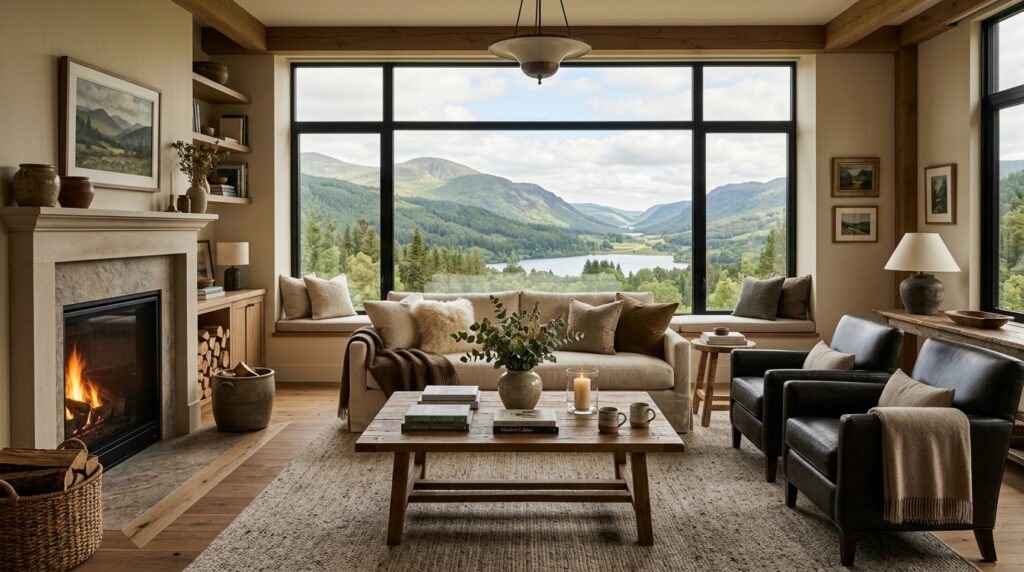 Interno di un soggiorno moderno e accogliente in una casa vacanze con vista su un paesaggio tranquillo. (Immagine generata con IA)