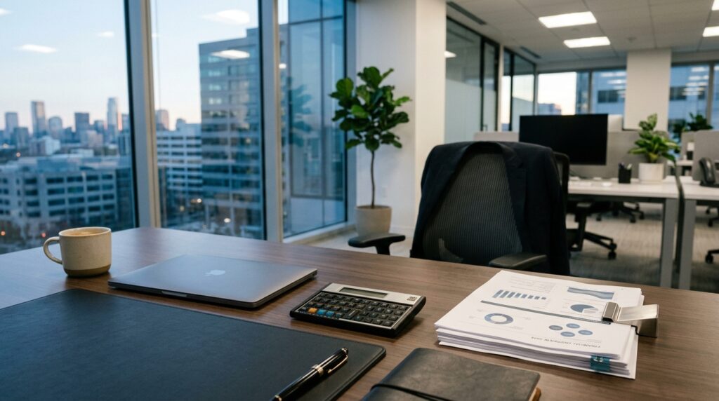 Interno di un ufficio moderno con documenti fiscali e una calcolatrice su una scrivania, a simboleggiare la gestione fiscale degli affitti commerciali.