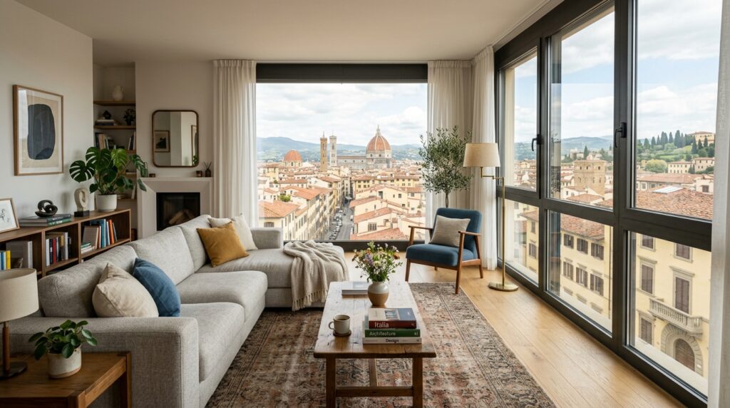 Interno di un moderno appartamento in una città italiana, con vista sullo skyline urbano.