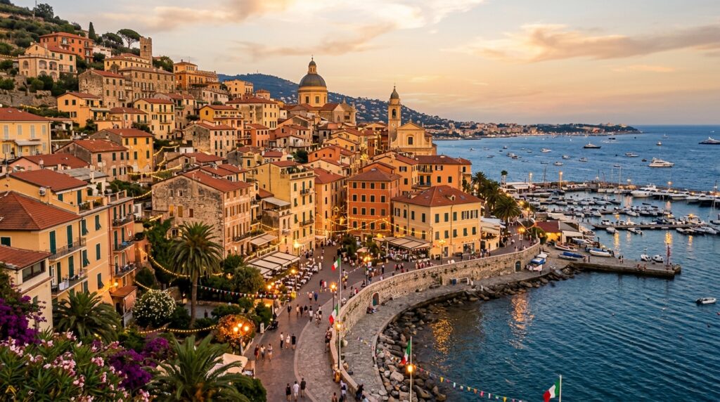 Panorama di Sanremo con il lungomare e i palazzi storici che si affacciano sul mare, in un'atmosfera luminosa.