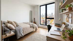 Interno di un moderno appartamento per studenti con scrivania, libri e letto, illuminato da luce naturale che entra da una finestra.