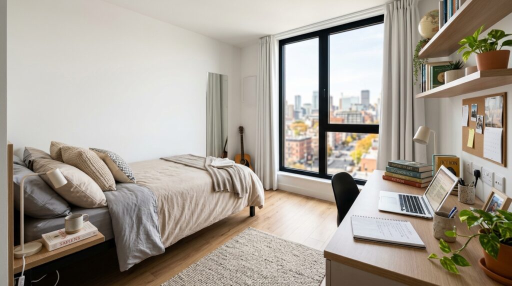 Interno di un moderno appartamento per studenti con scrivania, libri e letto, illuminato da luce naturale che entra da una finestra.