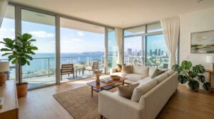 Soggiorno moderno e minimalista di un appartamento vacanze a San Diego, con ampie finestre che offrono una vista parziale sull'oceano e pavimenti in legno chiaro, illuminato dal sole del pomeriggio.
