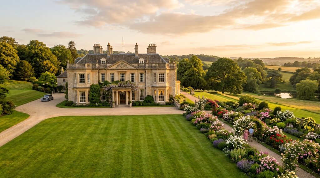 Una maestosa casa padronale georgiana immersa nel verde della campagna inglese, con un giardino fiorito baciato dalla luce del tramonto.