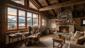 Interno di un tradizionale chalet in legno nelle Dolomiti, con travi a vista, camino in pietra e luce naturale che illumina una poltrona con una coperta. (Immagine generata con IA)