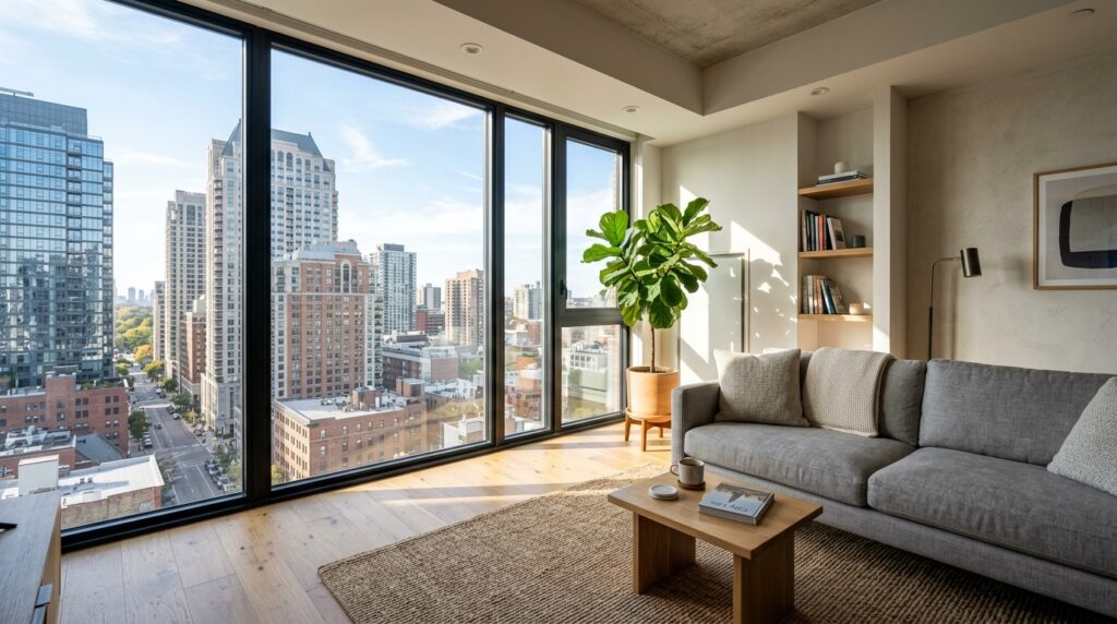 Interno di un moderno appartamento in città con arredi minimalisti e luce naturale, un ambiente ideale per affitti brevi. (Immagine generata con IA)