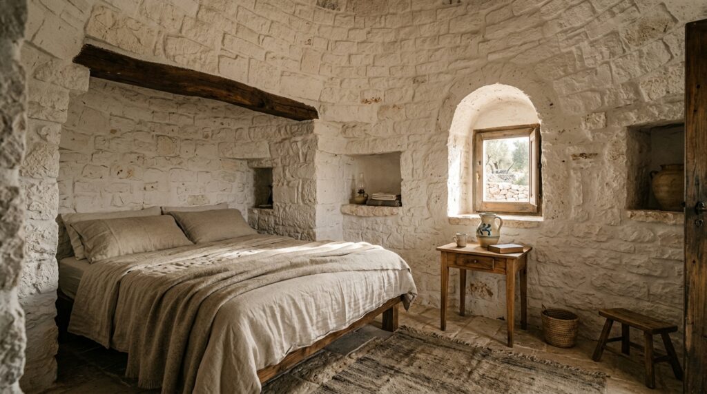 Interno di un trullo pugliese con pareti in pietra bianca e un letto confortevole, illuminato dalla luce mattutina.