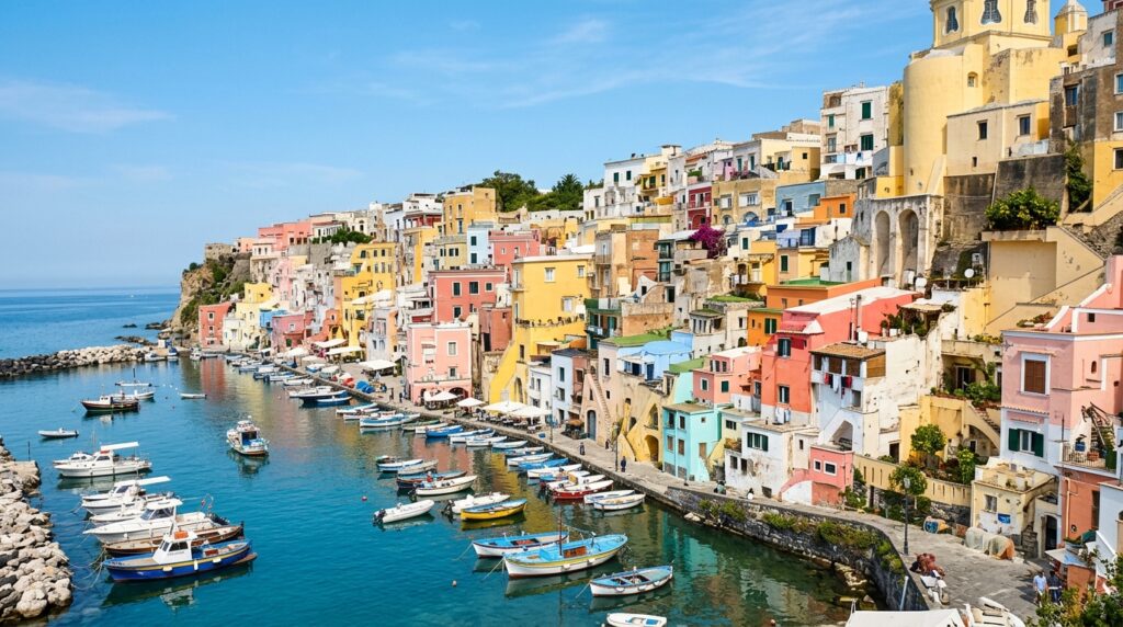 Le case colorate di Marina Corricella a Procida, con facciate pastello e barche ormeggiate in un porto pittoresco illuminato dal sole del mattino.