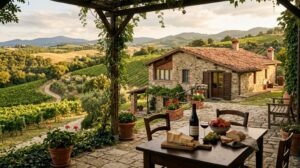 Un agriturismo in Emilia-Romagna con muri in pietra e tetto in cotto, immerso in colline verdi e vigneti, al tramonto, con un tavolo di legno nel patio che espone prodotti locali come Parmigiano Reggiano e Lambrusco.