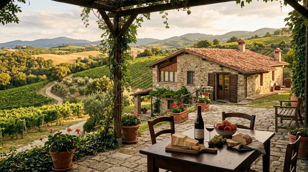 Un agriturismo in Emilia-Romagna con muri in pietra e tetto in cotto, immerso in colline verdi e vigneti, al tramonto, con un tavolo di legno nel patio che espone prodotti locali come Parmigiano Reggiano e Lambrusco.