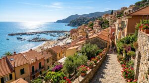Vista panoramica di Diano Marina con case liguri colorate e tetti in terracotta che si affacciano sul mare, con un sentiero in pietra in primo piano e gerani in vaso sotto la luce del sole mattutino.