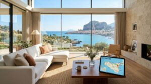 Un elegante salotto di una villa vacanza italiana con grandi finestre che si affacciano su un paesaggio costiero, un divano minimalista e un tablet con una mappa interattiva.
