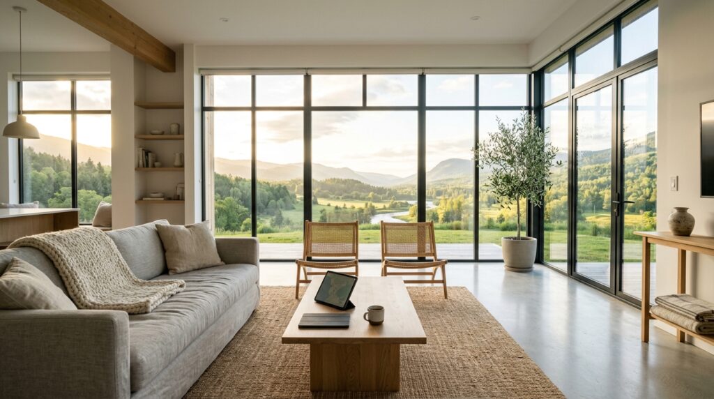 Un moderno soggiorno di una casa vacanza con ampie finestre che inondano la stanza di luce naturale, suggerendo comfort e tecnologia integrata.