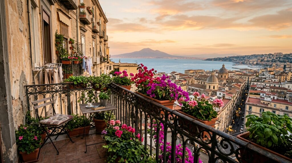 Balcone tradizionale napoletano con ringhiera in ferro battuto e vasi di bougainvillea fiorita, al tramonto, con vista sulla città storica di Napoli e sul Golfo, con il Vesuvio sullo sfondo. (Immagine generata con IA)