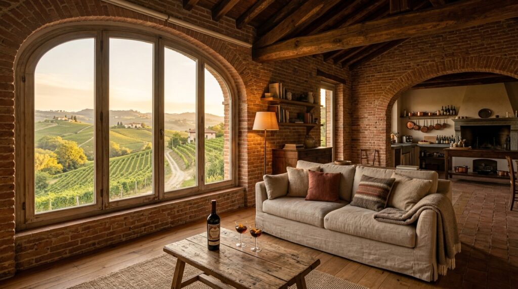 Interno accogliente di una cascina piemontese con mattoni a vista, travi in legno, e un finestrone che si affaccia sui vigneti al tramonto, con divano in lino e tavolo in legno.