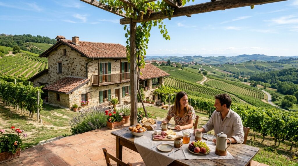 Veduta panoramica di una tradizionale cascina in pietra nelle Langhe, Piemonte, circondata da vigneti sotto il sole mattutino, con un patio in cotto e una tavola apparecchiata per la colazione.