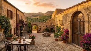 Cortile interno di un baglio siciliano tradizionale con mura in pietra antica, illuminato dalla luce calda del tramonto, con bougainvillea in fiore e un tavolo in ferro battuto.