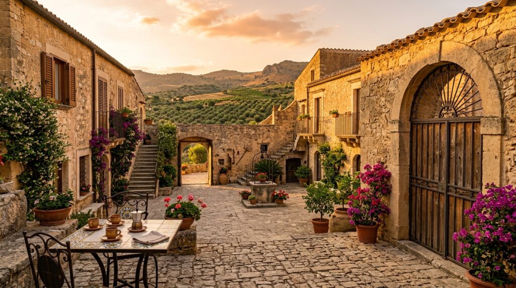 Cortile interno di un baglio siciliano tradizionale con mura in pietra antica, illuminato dalla luce calda del tramonto, con bougainvillea in fiore e un tavolo in ferro battuto.