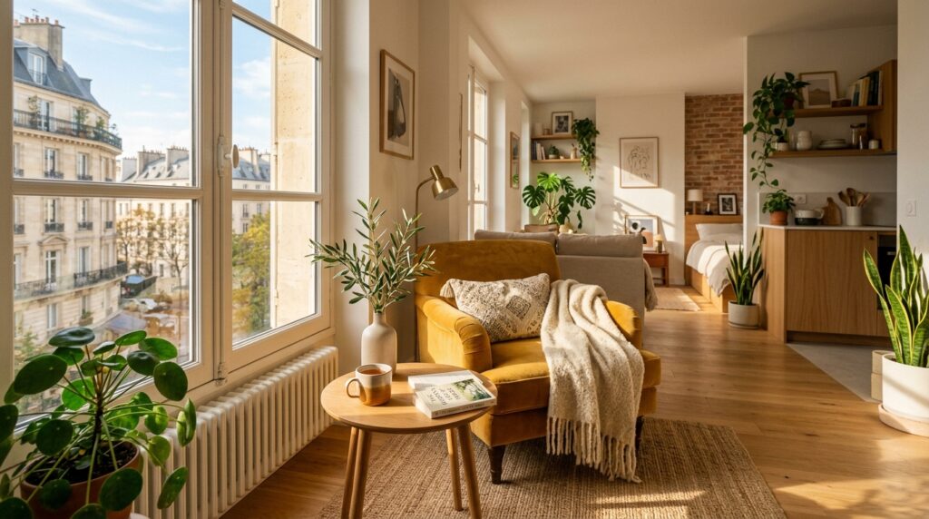 Un accogliente monolocale moderno illuminato dal sole pomeridiano, con una poltrona in velluto e un tavolino con tè e un libro, ideale per un viaggiatore solitario.
