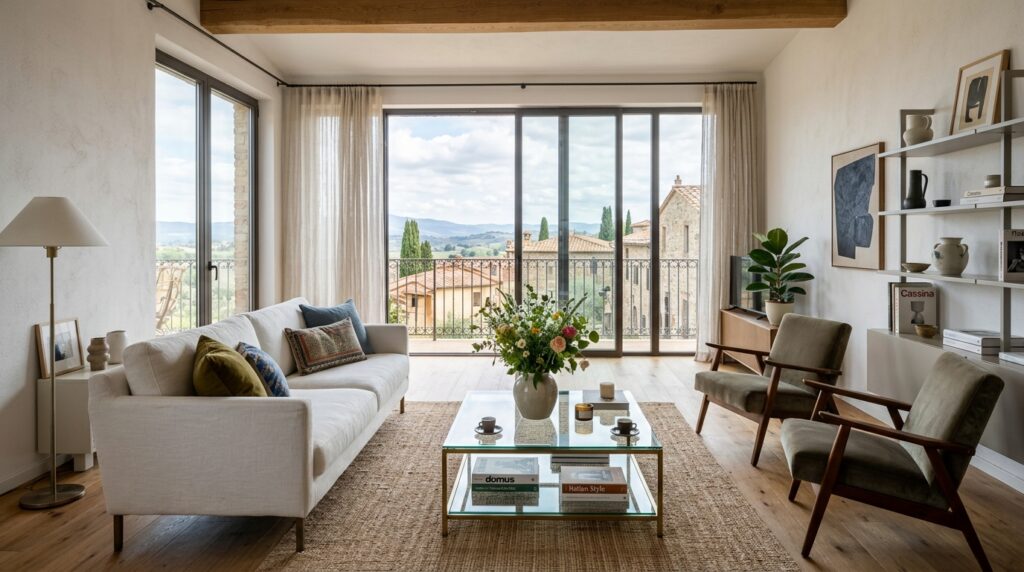 Interno di un moderno appartamento vacanze italiano, con un salotto luminoso arredato con divano in lino bianco e tavolo in vetro, che riflette l'investimento in qualità e design.