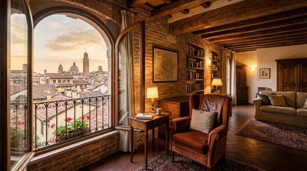Interno di un appartamento storico a Verona con travi in legno, muri in pietra e vista sui tetti della città al tramonto. (Immagine generata con IA)
