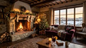 Interno di un accogliente soggiorno in una casa vacanze italiana, decorato per il Natale, con un camino in pietra acceso e travi in legno, illuminato dalla luce del tramonto che entra da una finestra con vista su colline innevate.